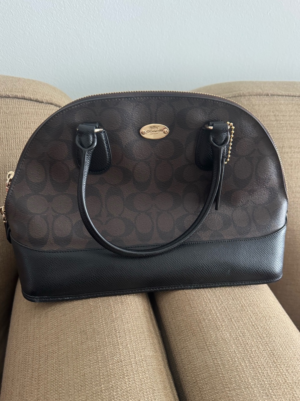Coach Brown Monogram & Black Leather Dome Satchel